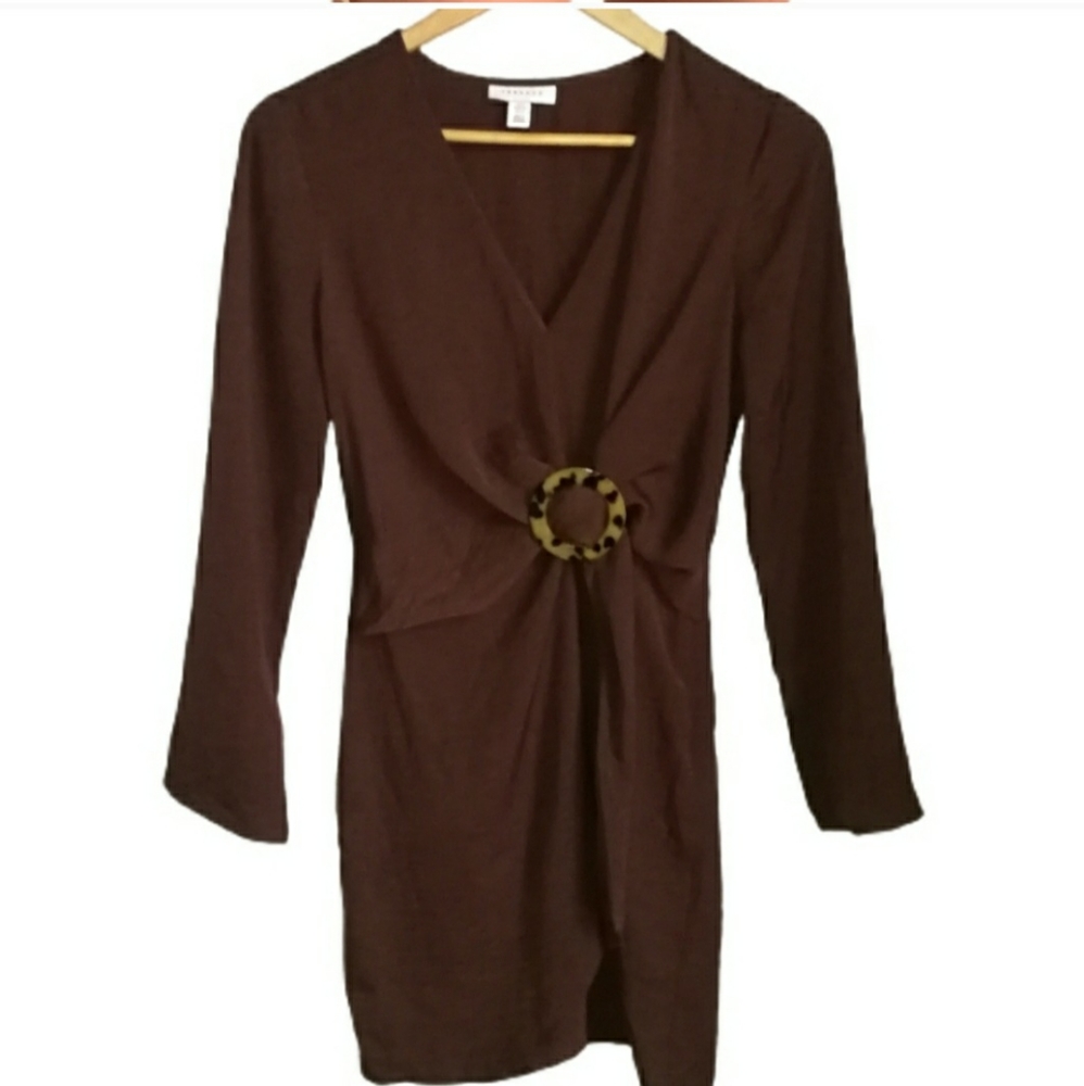 TOPSHOP Chocolate Brown Faux Wrap Buckle Front V Neck Mini Dress Size 4